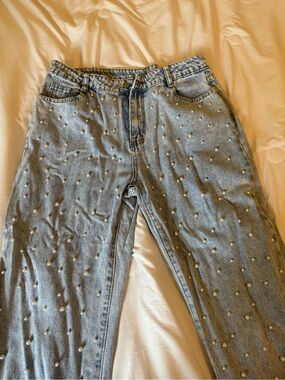 Light Blue Pearl-Embellished Women's Jeans